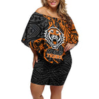 Personalized Wests Tigers Rugby Off Shoulder Short Dress Polynesian Tribal Tiger Warrior - Orange Black Art