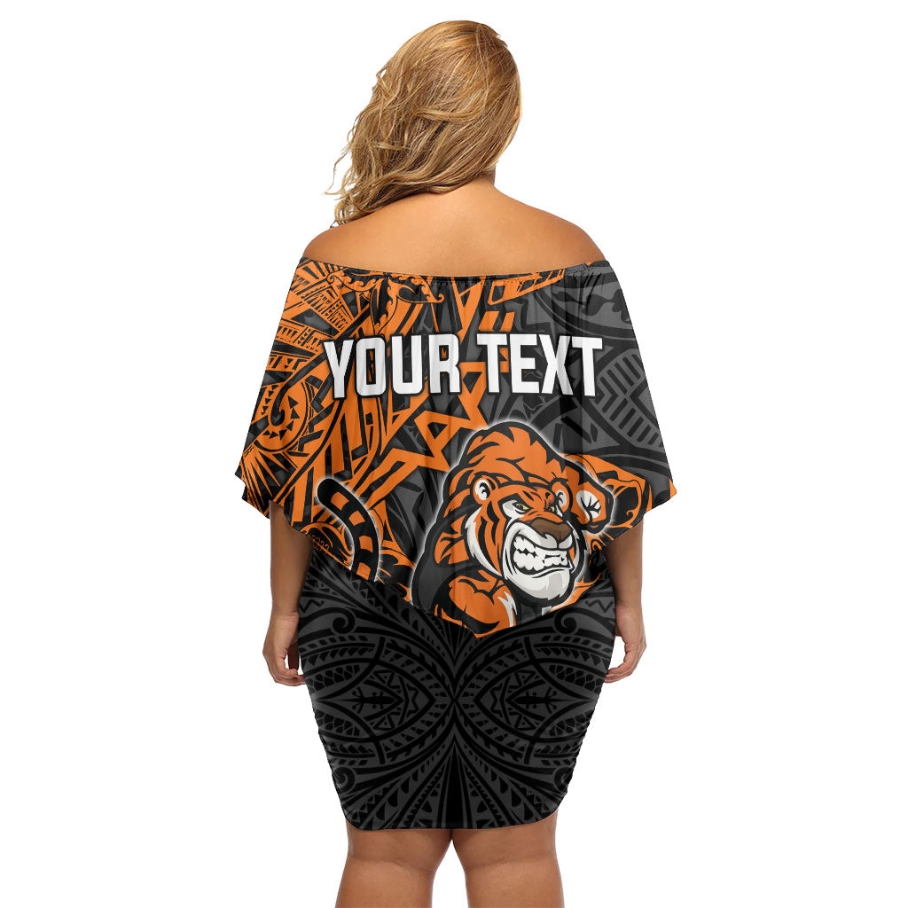 Personalized Wests Tigers Rugby Off Shoulder Short Dress Polynesian Tribal Tiger Warrior - Orange Black Art