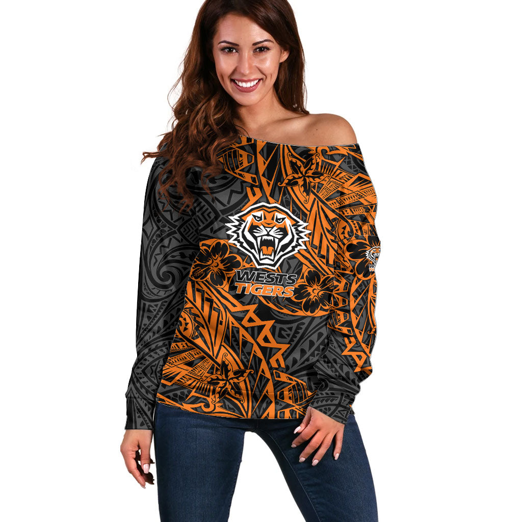 Personalized Wests Tigers Rugby Off Shoulder Sweater Polynesian Tribal Tiger Warrior - Orange Black Art