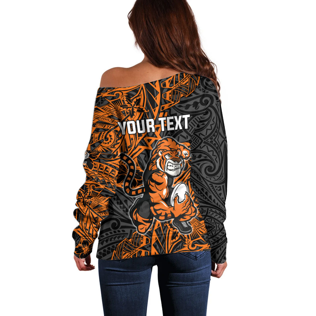 Personalized Wests Tigers Rugby Off Shoulder Sweater Polynesian Tribal Tiger Warrior - Orange Black Art