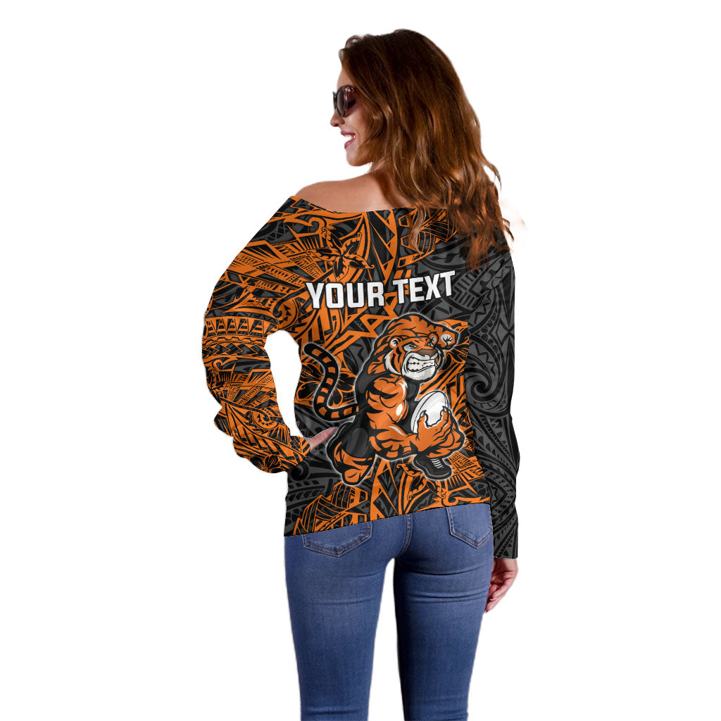 Personalized Wests Tigers Rugby Off Shoulder Sweater Polynesian Tribal Tiger Warrior - Orange Black Art