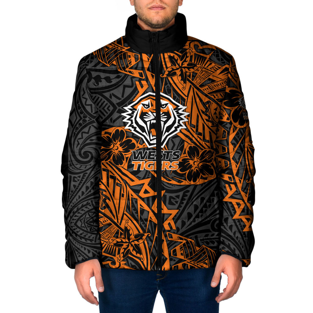 Personalized Wests Tigers Rugby Padded Jacket Polynesian Tribal Tiger Warrior - Orange Black Art