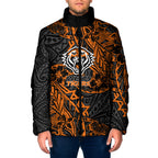 Personalized Wests Tigers Rugby Padded Jacket Polynesian Tribal Tiger Warrior - Orange Black Art