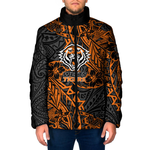 Personalized Wests Tigers Rugby Padded Jacket Polynesian Tribal Tiger Warrior - Orange Black Art