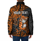 Personalized Wests Tigers Rugby Padded Jacket Polynesian Tribal Tiger Warrior - Orange Black Art