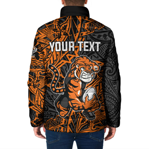 Personalized Wests Tigers Rugby Padded Jacket Polynesian Tribal Tiger Warrior - Orange Black Art