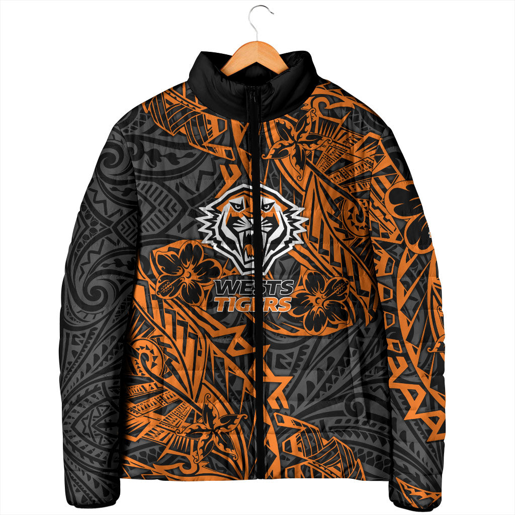 Personalized Wests Tigers Rugby Padded Jacket Polynesian Tribal Tiger Warrior - Orange Black Art