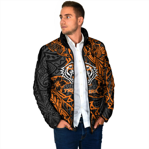Personalized Wests Tigers Rugby Padded Jacket Polynesian Tribal Tiger Warrior - Orange Black Art