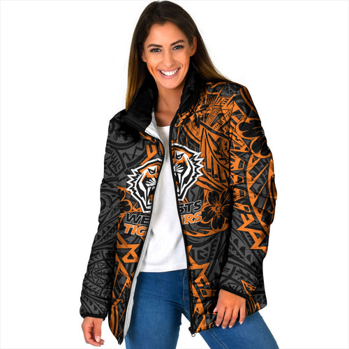 Personalized Wests Tigers Rugby Padded Jacket Polynesian Tribal Tiger Warrior - Orange Black Art