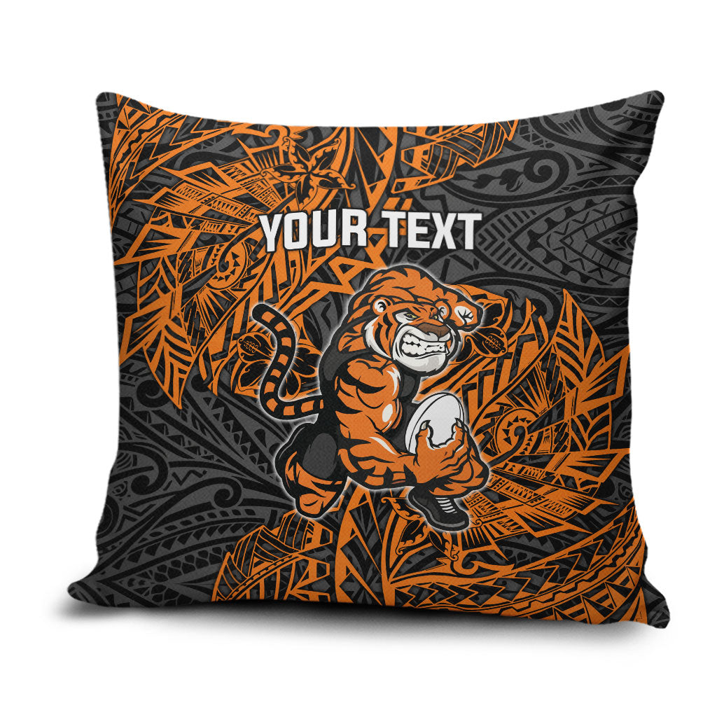 Personalized Wests Tigers Rugby Pillow Cover Polynesian Tribal Tiger Warrior - Orange Black Art
