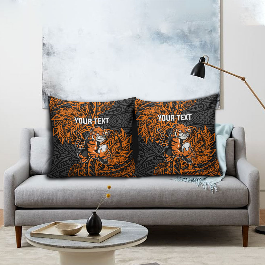 Personalized Wests Tigers Rugby Pillow Cover Polynesian Tribal Tiger Warrior - Orange Black Art