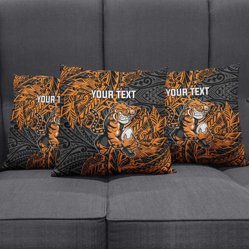 Personalized Wests Tigers Rugby Pillow Cover Polynesian Tribal Tiger Warrior - Orange Black Art