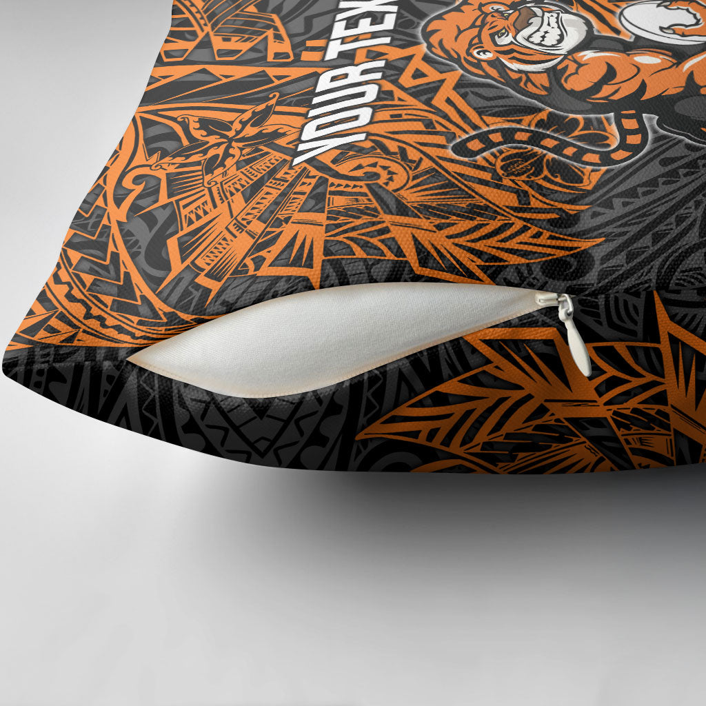 Personalized Wests Tigers Rugby Pillow Cover Polynesian Tribal Tiger Warrior - Orange Black Art