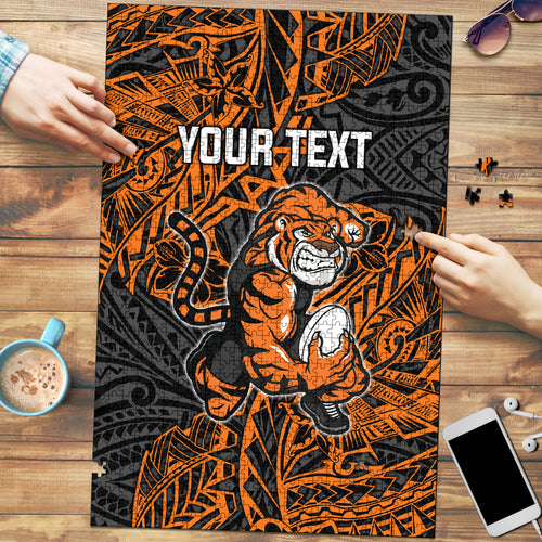 Personalized Wests Tigers Rugby Puzzle Polynesian Tribal Tiger Warrior - Orange Black Art
