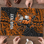 Personalized Wests Tigers Rugby Puzzle Polynesian Tribal Tiger Warrior - Orange Black Art