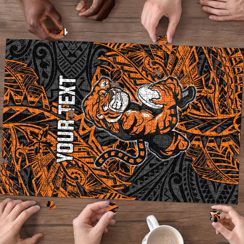 Personalized Wests Tigers Rugby Puzzle Polynesian Tribal Tiger Warrior - Orange Black Art