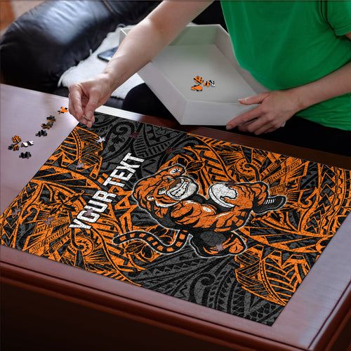 Personalized Wests Tigers Rugby Puzzle Polynesian Tribal Tiger Warrior - Orange Black Art