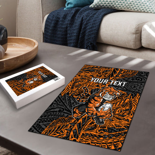 Personalized Wests Tigers Rugby Puzzle Polynesian Tribal Tiger Warrior - Orange Black Art