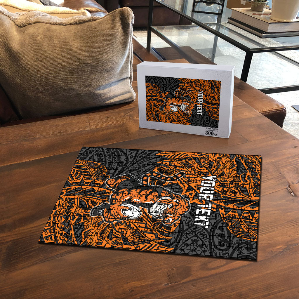 Personalized Wests Tigers Rugby Puzzle Polynesian Tribal Tiger Warrior - Orange Black Art