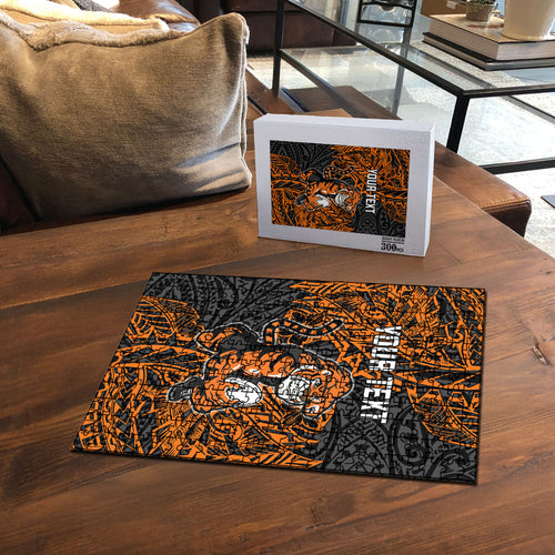 Personalized Wests Tigers Rugby Puzzle Polynesian Tribal Tiger Warrior - Orange Black Art