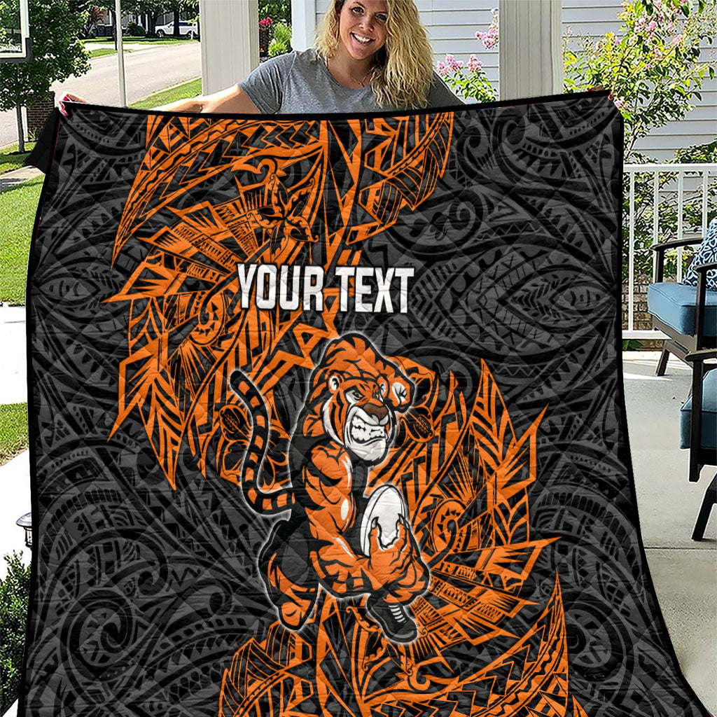 Personalized Wests Tigers Rugby Quilt Polynesian Tribal Tiger Warrior - Orange Black Art
