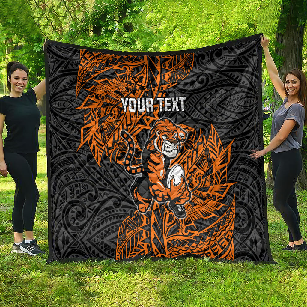 Personalized Wests Tigers Rugby Quilt Polynesian Tribal Tiger Warrior - Orange Black Art