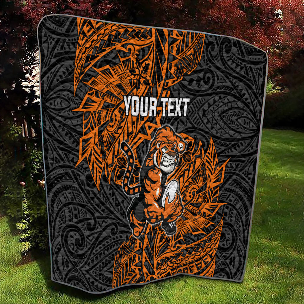 Personalized Wests Tigers Rugby Quilt Polynesian Tribal Tiger Warrior - Orange Black Art