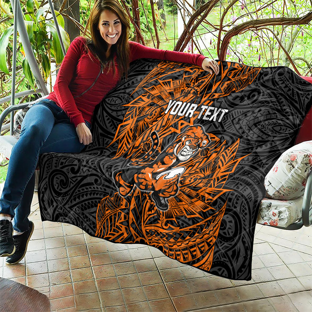 Personalized Wests Tigers Rugby Quilt Polynesian Tribal Tiger Warrior - Orange Black Art