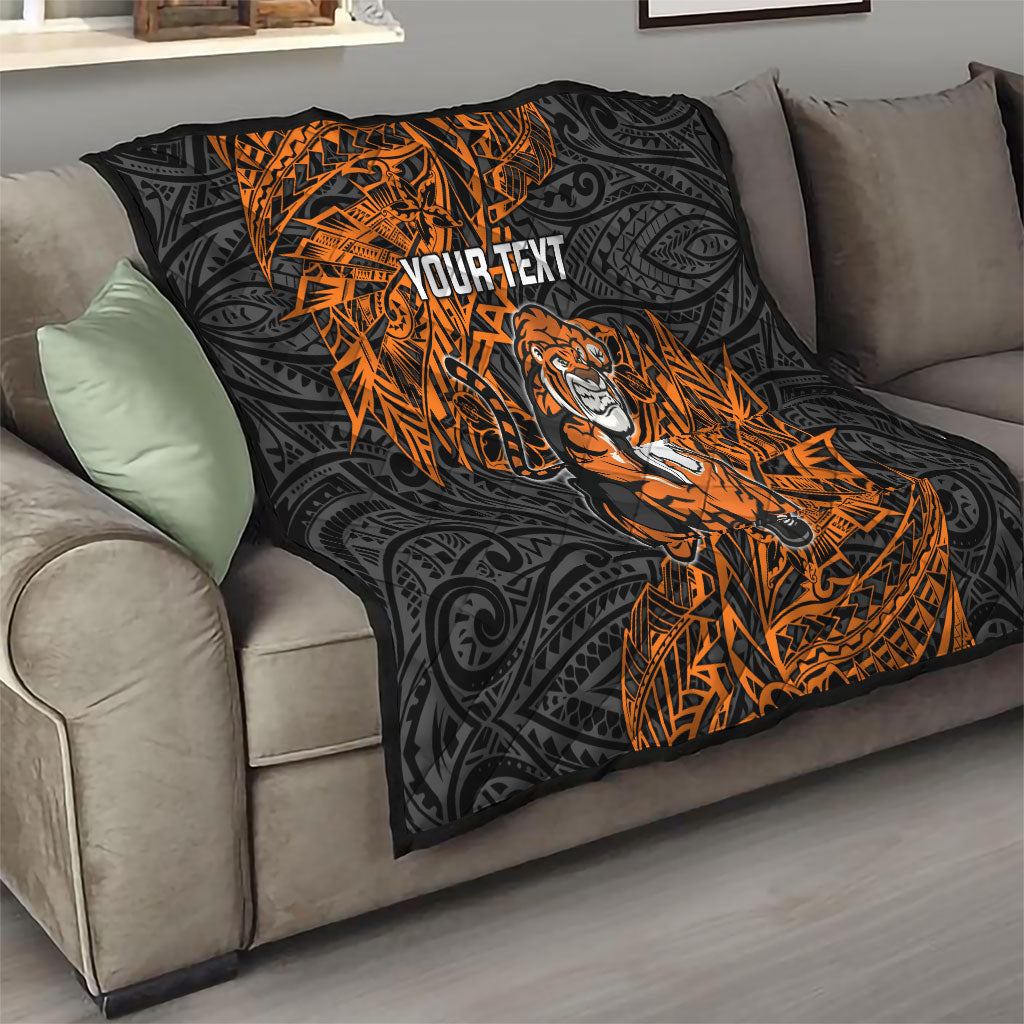 Personalized Wests Tigers Rugby Quilt Polynesian Tribal Tiger Warrior - Orange Black Art