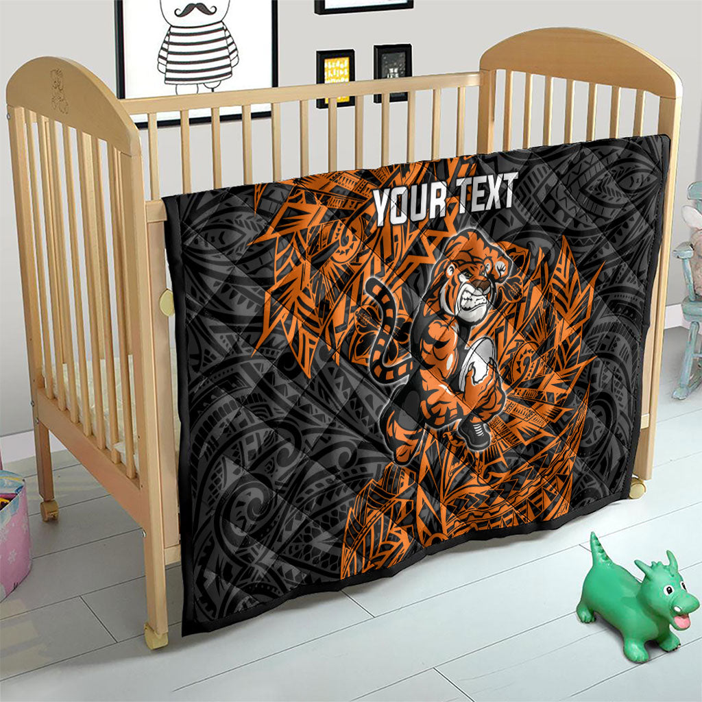 Personalized Wests Tigers Rugby Quilt Polynesian Tribal Tiger Warrior - Orange Black Art