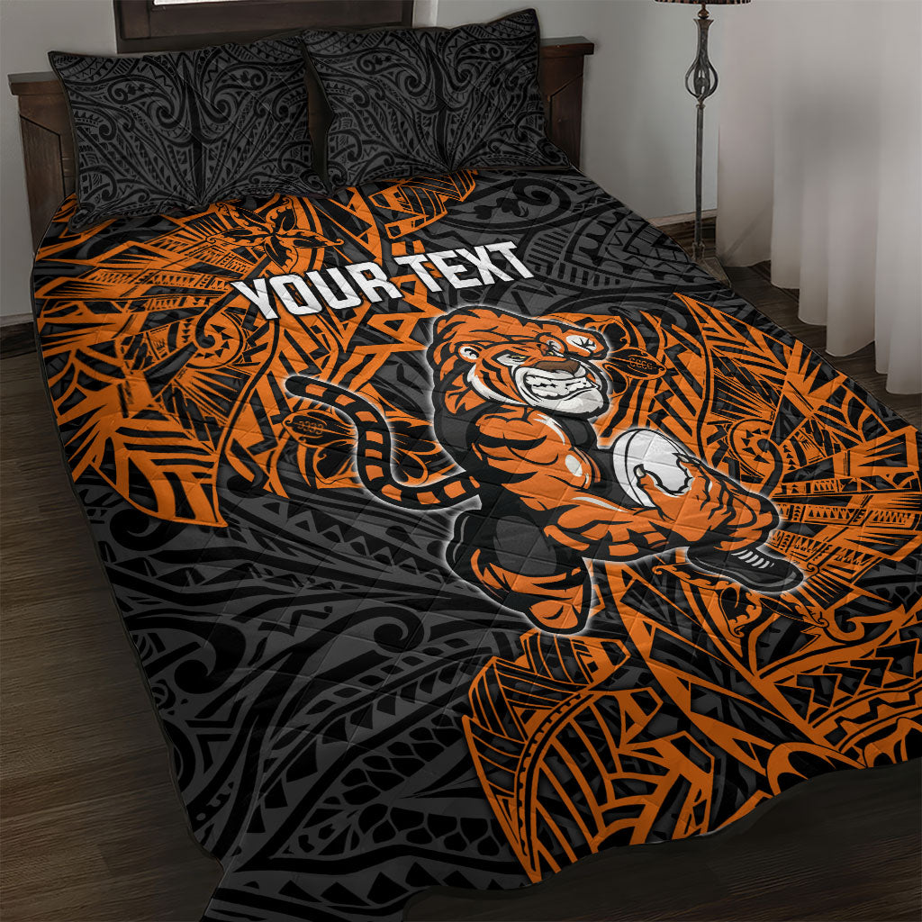 Personalized Wests Tigers Rugby Quilt Bed Set Polynesian Tribal Tiger Warrior - Orange Black Art