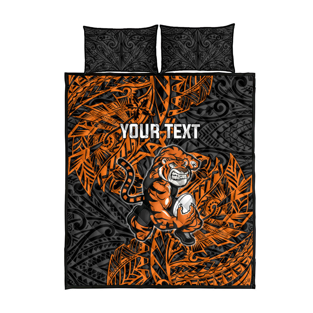 Personalized Wests Tigers Rugby Quilt Bed Set Polynesian Tribal Tiger Warrior - Orange Black Art