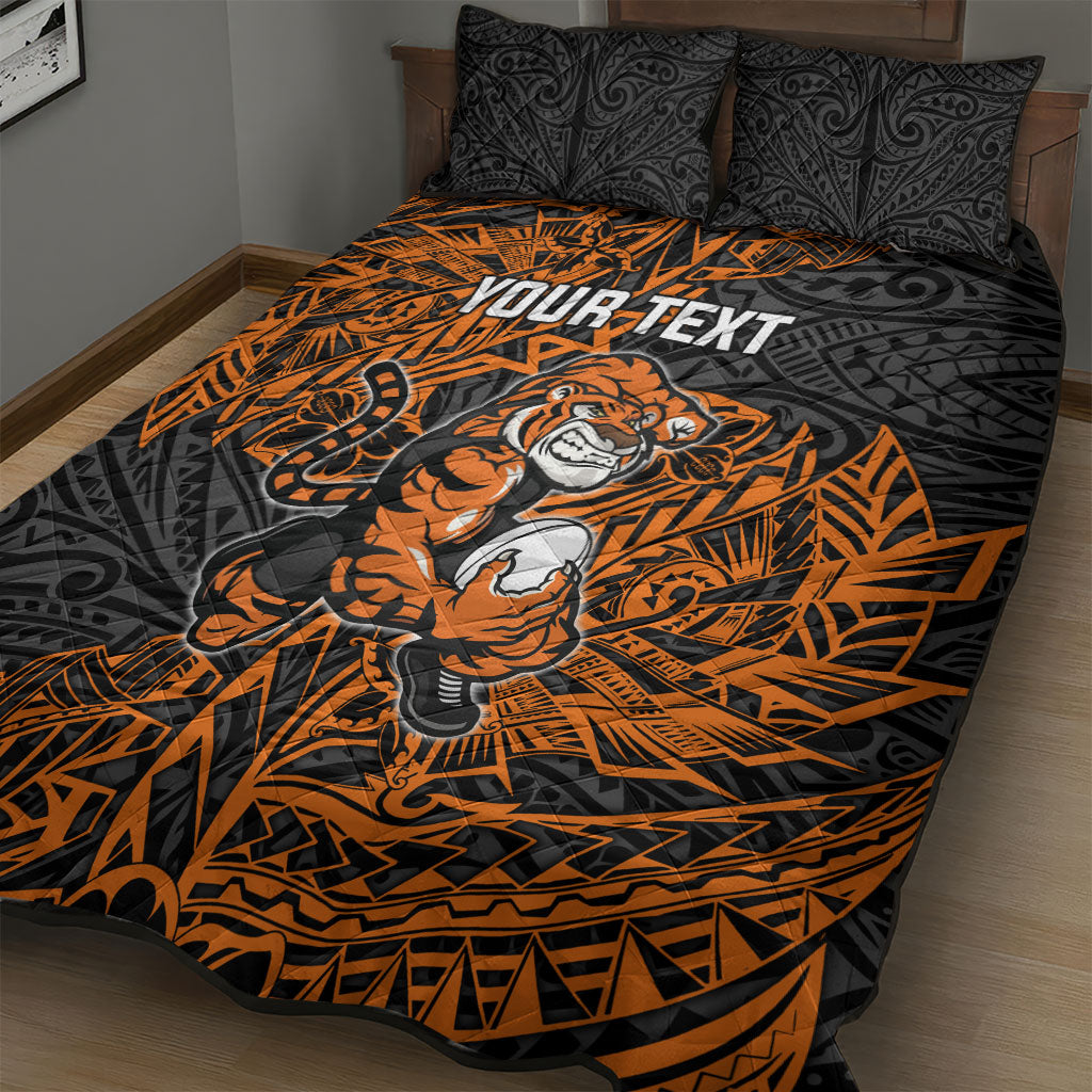 Personalized Wests Tigers Rugby Quilt Bed Set Polynesian Tribal Tiger Warrior - Orange Black Art