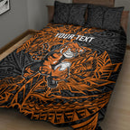 Personalized Wests Tigers Rugby Quilt Bed Set Polynesian Tribal Tiger Warrior - Orange Black Art