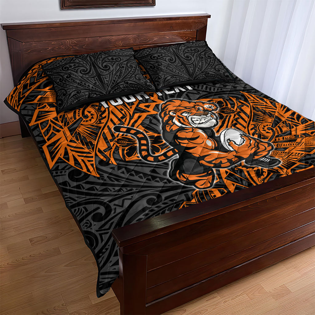Personalized Wests Tigers Rugby Quilt Bed Set Polynesian Tribal Tiger Warrior - Orange Black Art