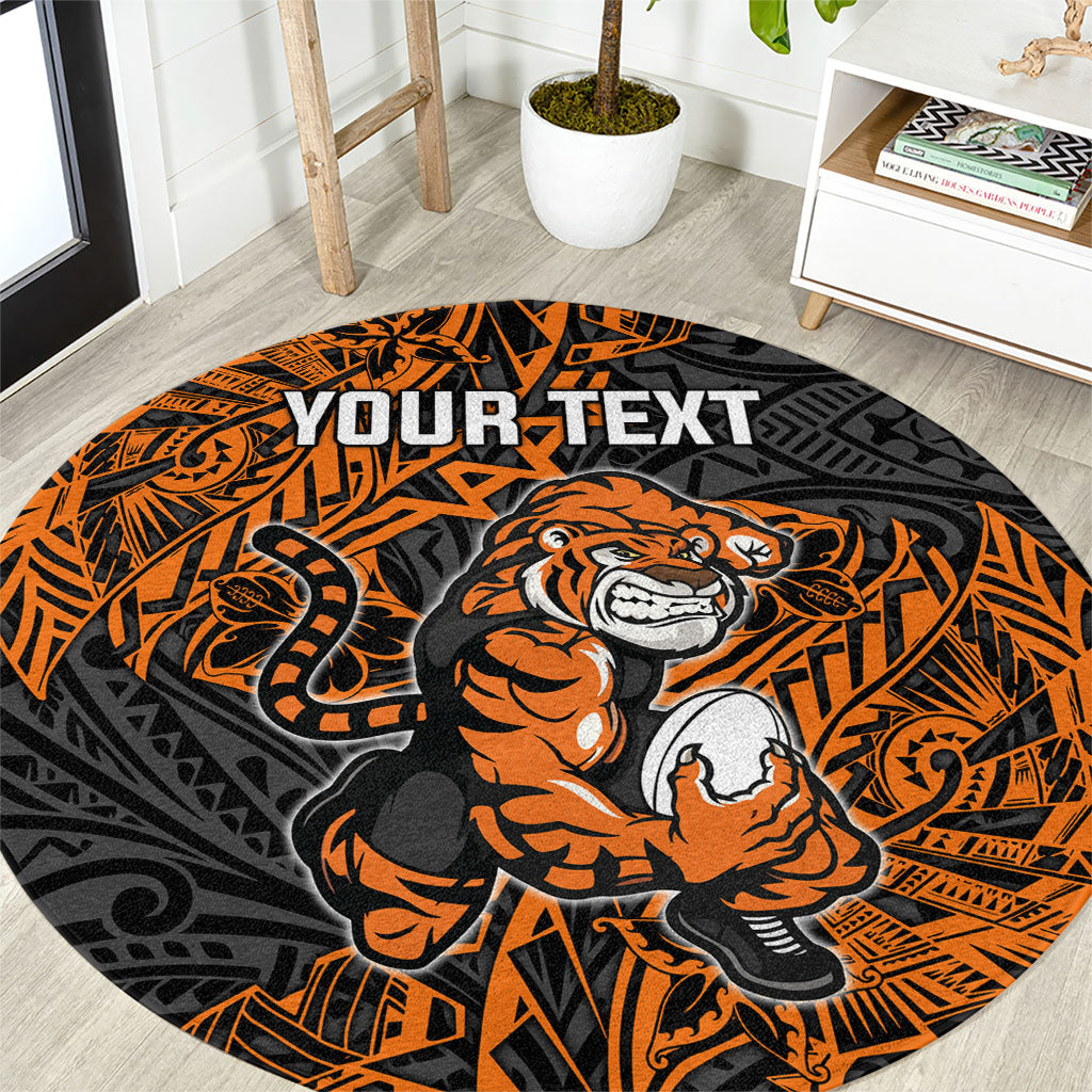 Personalized Wests Tigers Rugby Round Carpet Polynesian Tribal Tiger Warrior - Orange Black Art