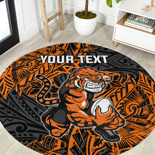 Personalized Wests Tigers Rugby Round Carpet Polynesian Tribal Tiger Warrior - Orange Black Art