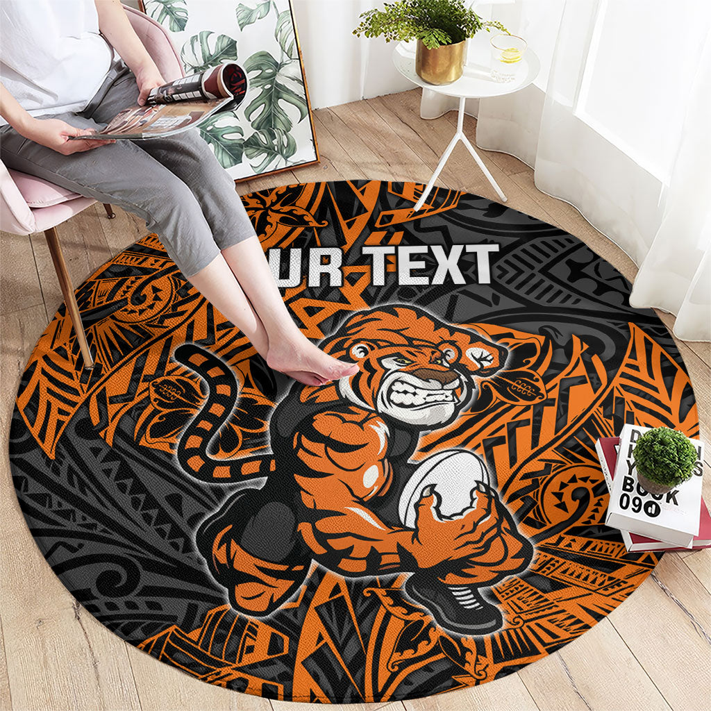 Personalized Wests Tigers Rugby Round Carpet Polynesian Tribal Tiger Warrior - Orange Black Art