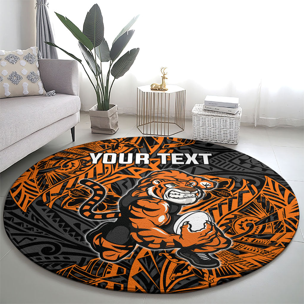 Personalized Wests Tigers Rugby Round Carpet Polynesian Tribal Tiger Warrior - Orange Black Art