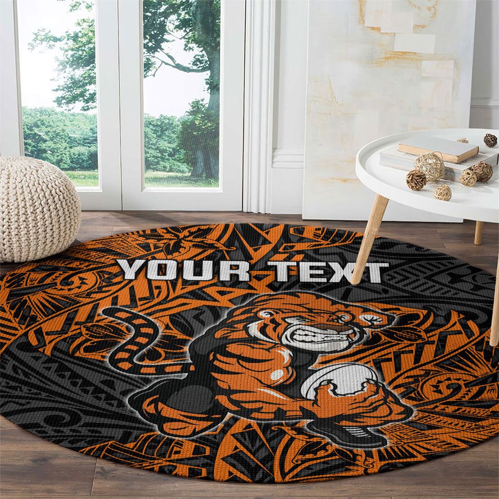 Personalized Wests Tigers Rugby Round Carpet Polynesian Tribal Tiger Warrior - Orange Black Art