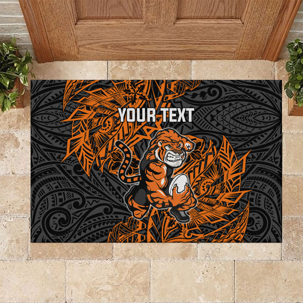 Personalized Wests Tigers Rugby Rubber Doormat Polynesian Tribal Tiger Warrior - Orange Black Art
