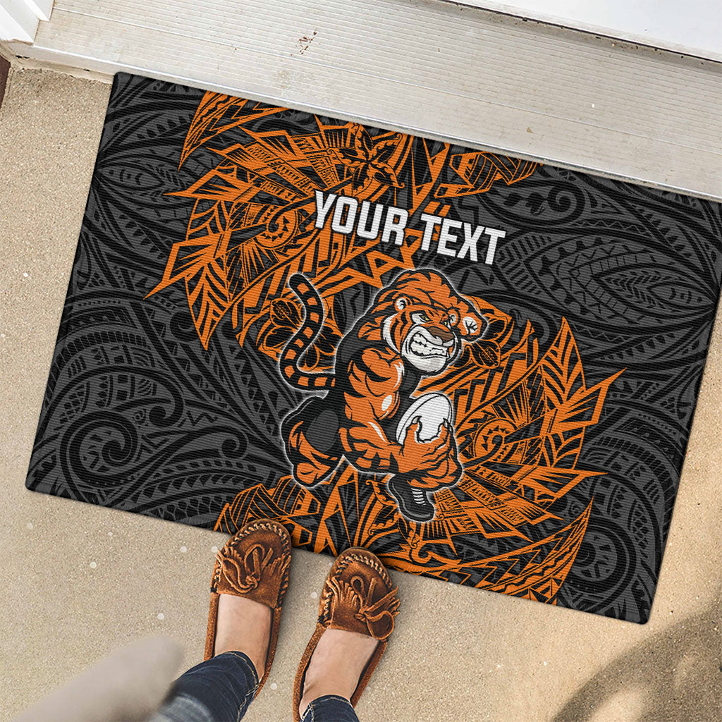 Personalized Wests Tigers Rugby Rubber Doormat Polynesian Tribal Tiger Warrior - Orange Black Art