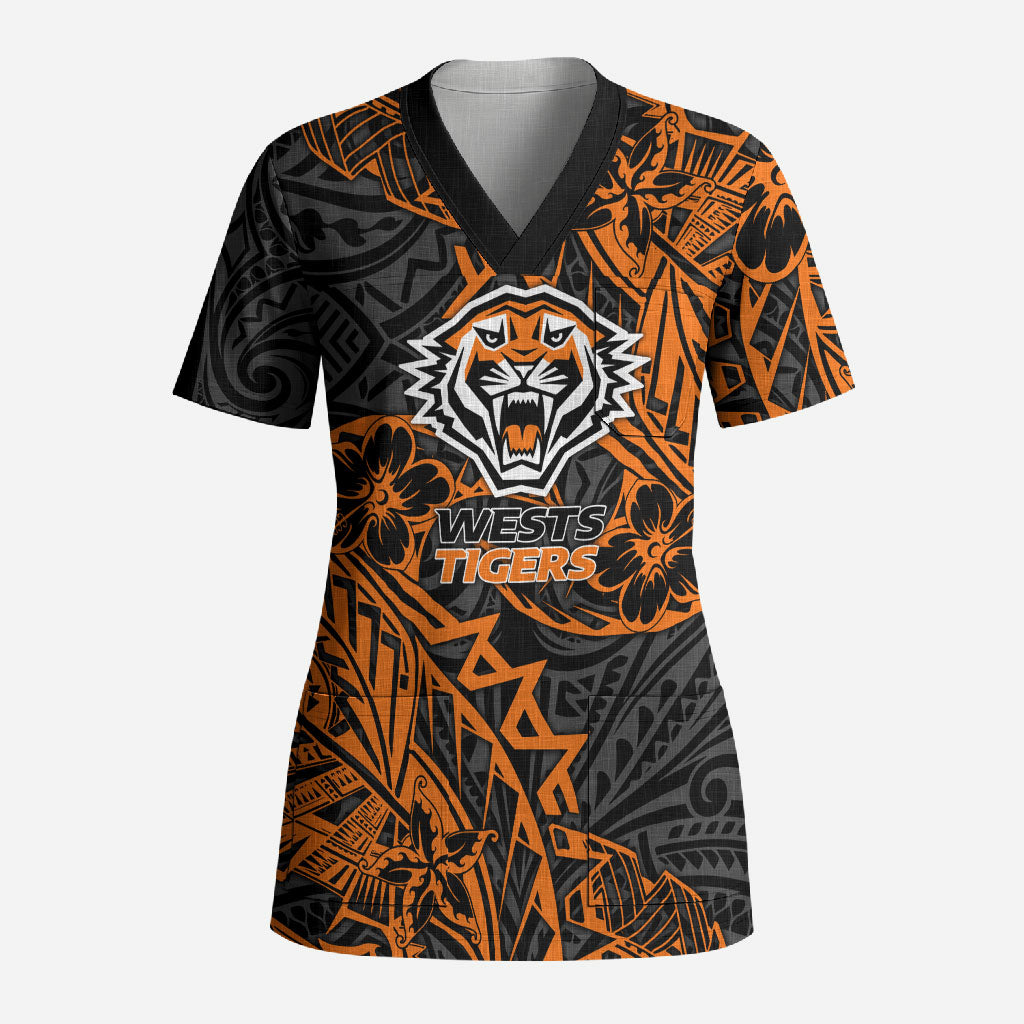Personalized Wests Tigers Rugby Scrub Top Polynesian Tribal Tiger Warrior - Orange Black Art