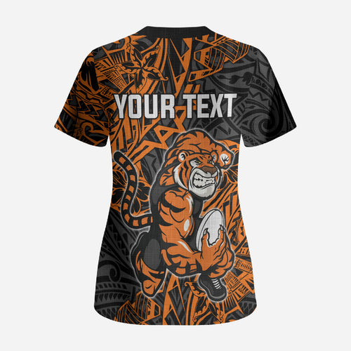 Personalized Wests Tigers Rugby Scrub Top Polynesian Tribal Tiger Warrior - Orange Black Art