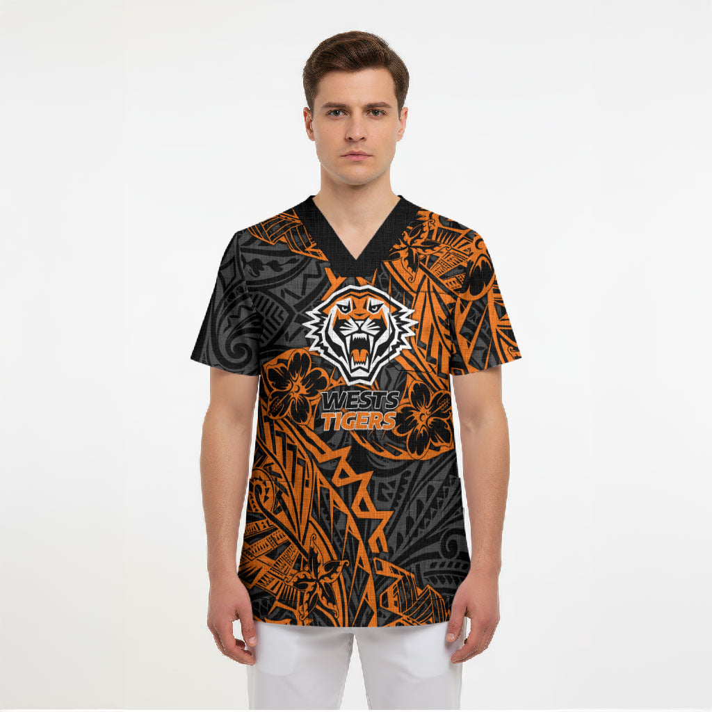 Personalized Wests Tigers Rugby Scrub Top Polynesian Tribal Tiger Warrior - Orange Black Art