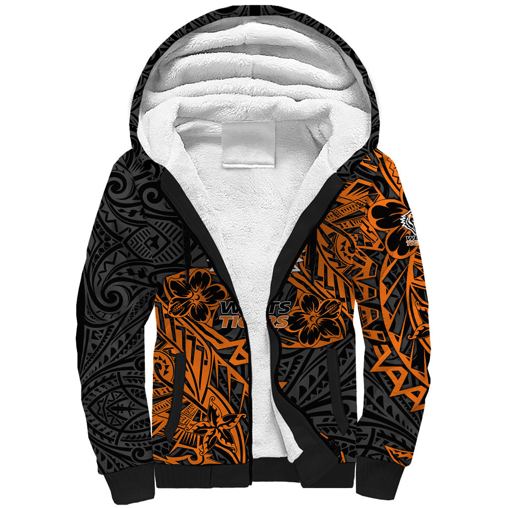 Personalized Wests Tigers Rugby Sherpa Hoodie Polynesian Tribal Tiger Warrior - Orange Black Art