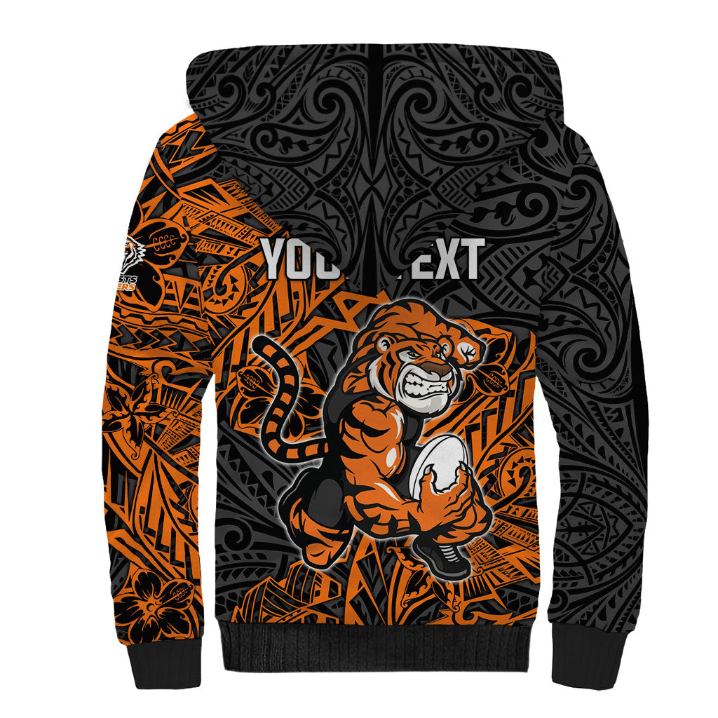 Personalized Wests Tigers Rugby Sherpa Hoodie Polynesian Tribal Tiger Warrior - Orange Black Art
