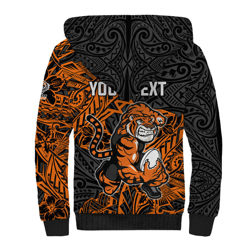 Personalized Wests Tigers Rugby Sherpa Hoodie Polynesian Tribal Tiger Warrior - Orange Black Art