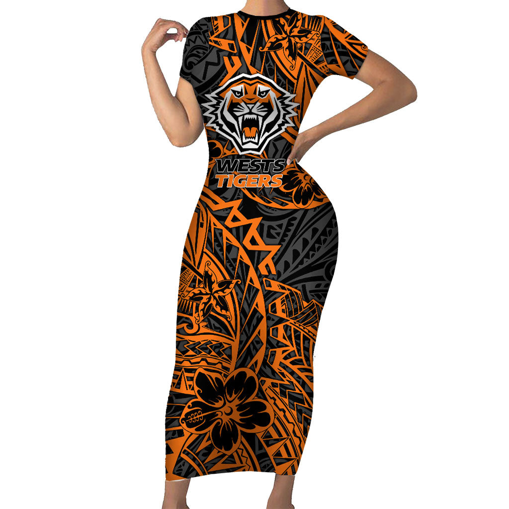 Personalized Wests Tigers Rugby Short Sleeve Bodycon Dress Polynesian Tribal Tiger Warrior - Orange Black Art