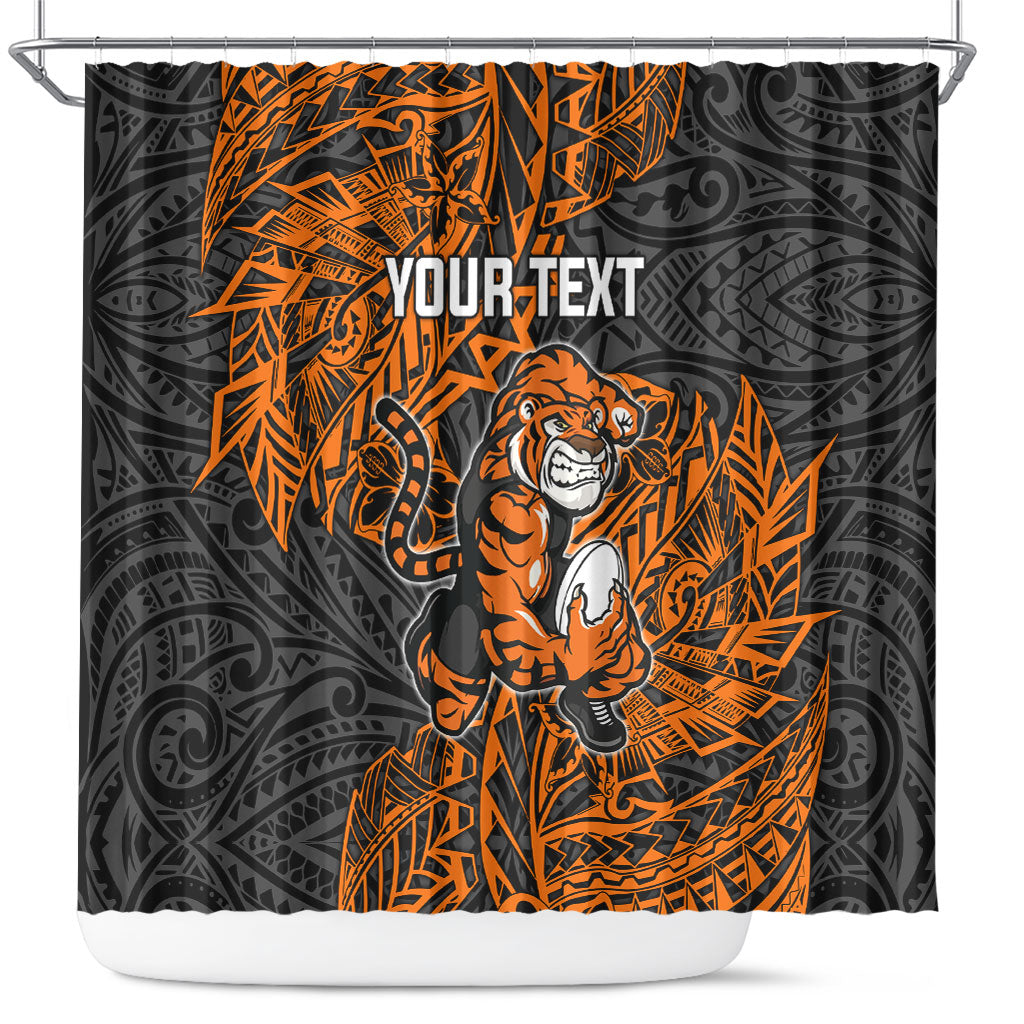 Personalized Wests Tigers Rugby Shower Curtain Polynesian Tribal Tiger Warrior - Orange Black Art